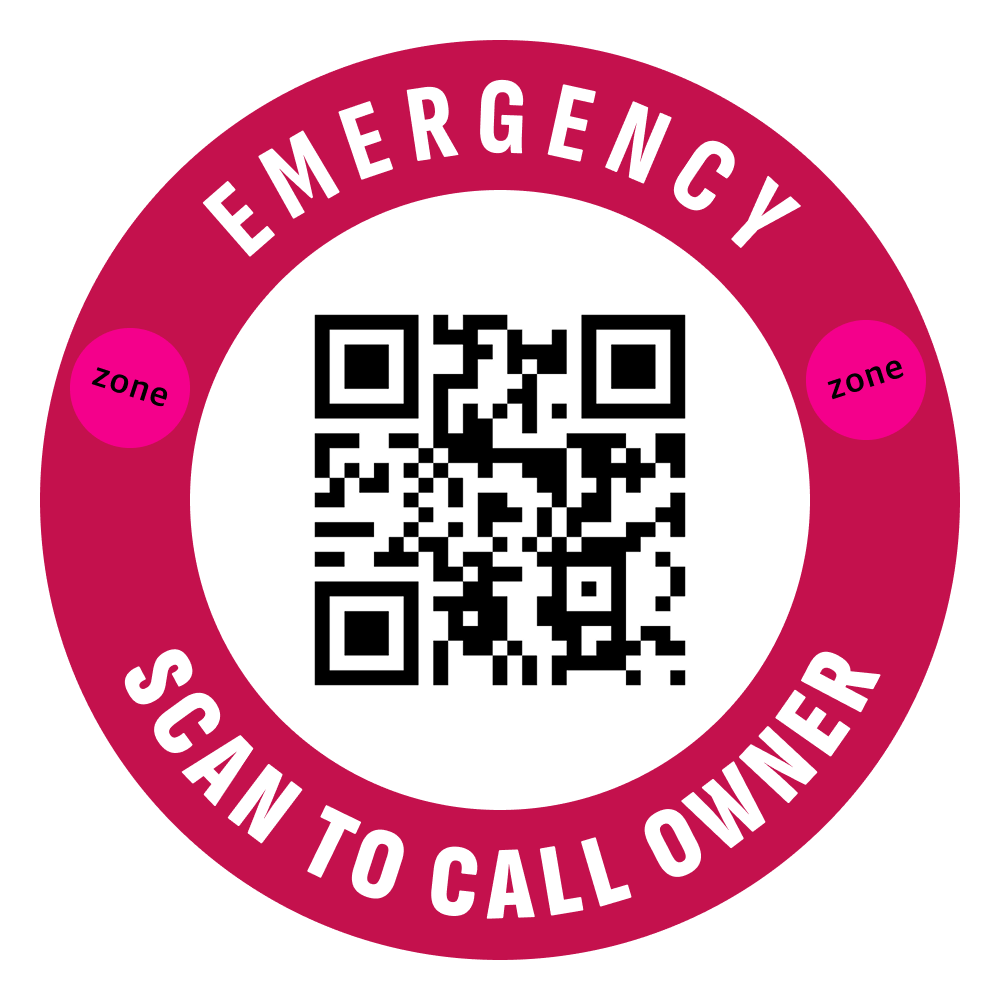 Round Emergency QR sticker artwork: Emergency, scan to call owner