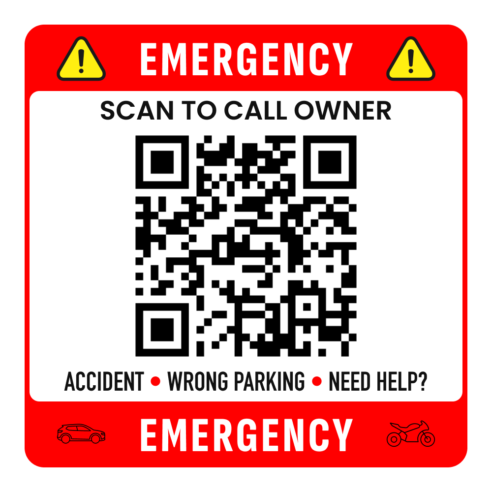 Square Emergency QR sticker artwork: scan to call owner for accident, wrong parking or help