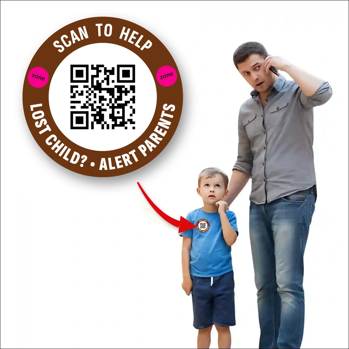 Child Safety QR sticker on a young boy’s t-shirt, standing beside his father
