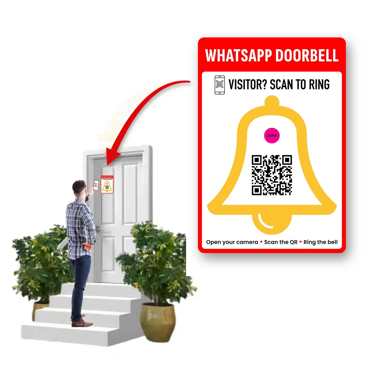 Visitor scanning the WhatsApp Doorbell QR plate stuck beside a front door