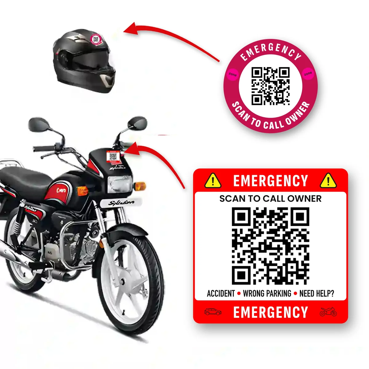 Round Emergency QR sticker on a helmet and square Emergency QR sticker on a motorcycle
