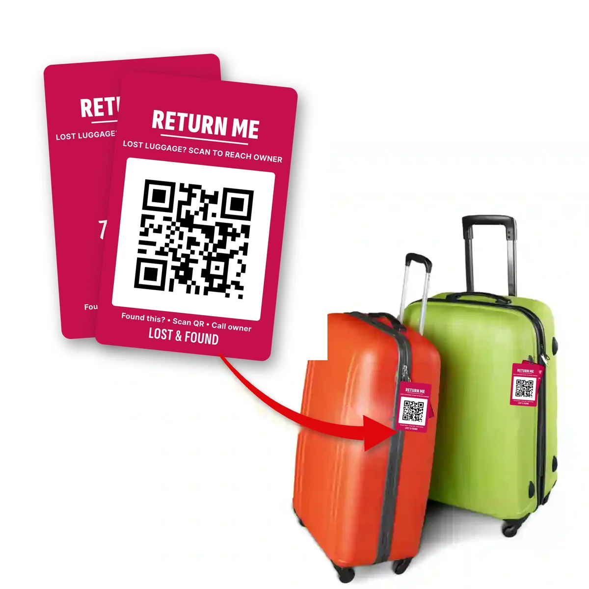 Lost & Found QR luggage tags on two suitcases