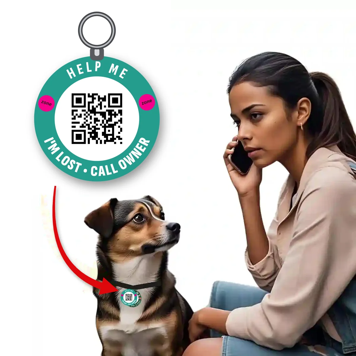 Pet Safety QR keychain tag hanging from a dog’s collar while its owner takes a call
